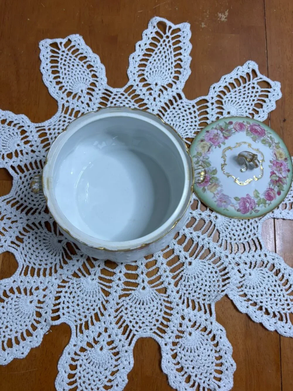 Antique GDA Limoges France Covered Round Serving Bowl Pink Rose Gold Scalloped